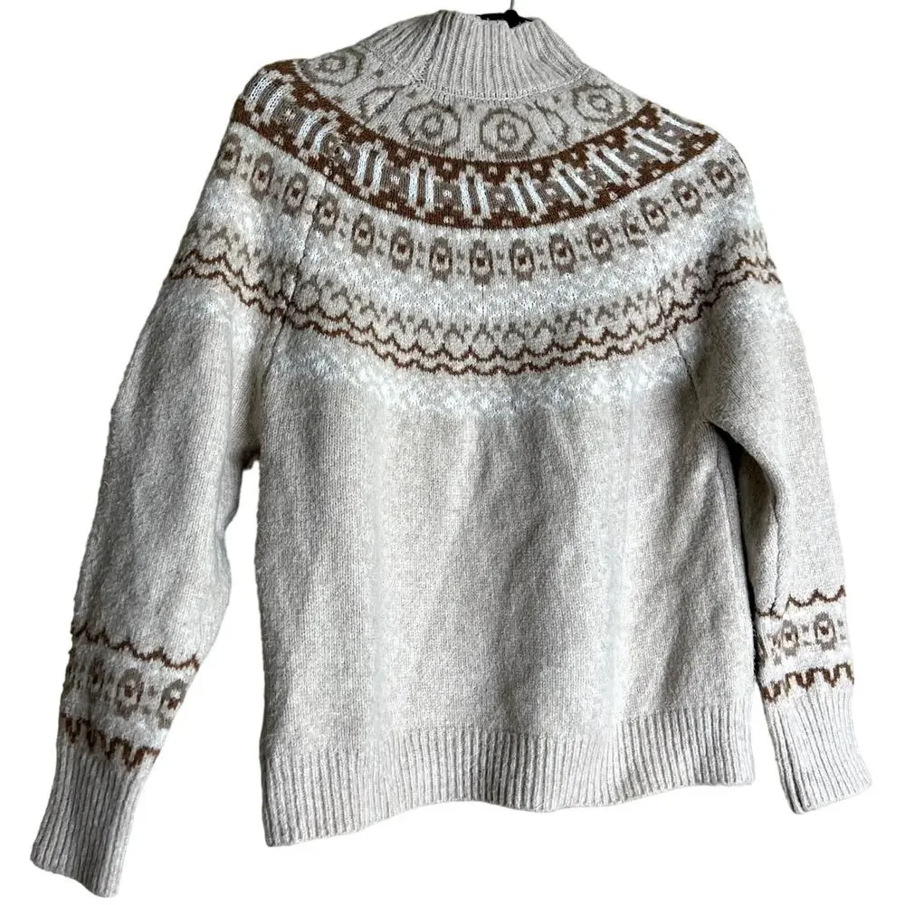 Cupcakes and Cashmere Sweater Women Medium Beige Knit Fair Isle Knit Pullover